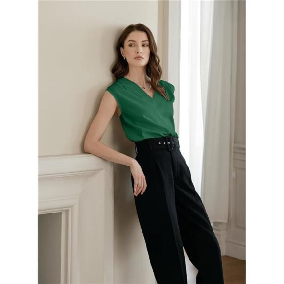 Womens Pleated Tank Tops V Neck Green - Picture 4 of 5